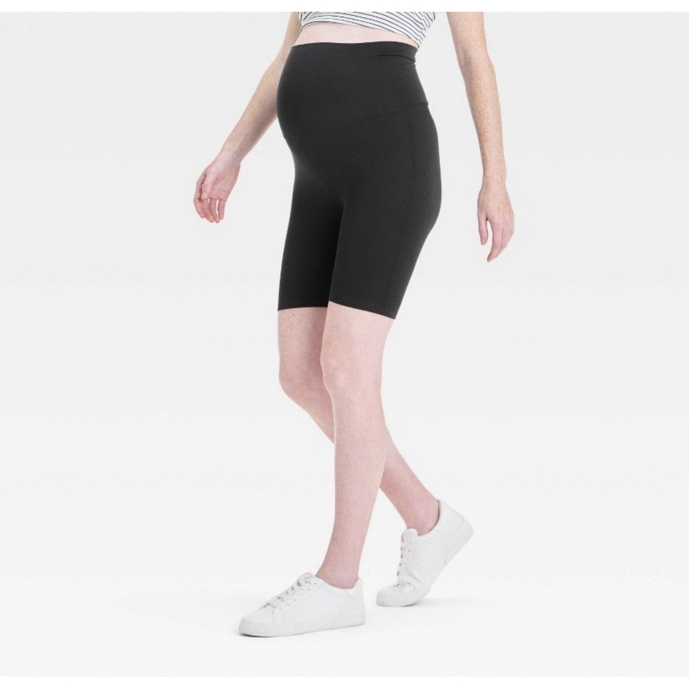 Isabel Maternity Over Belly Active Bike‎ Shorts Women Small Black Ribbed NWT